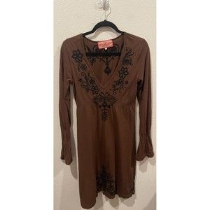 JWLA Brown Embroidered Long Sleeve Mini Dress